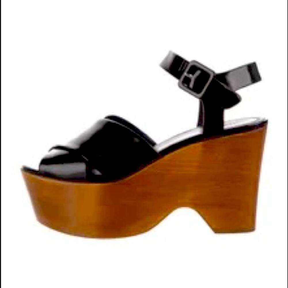 Celine Black Patent Leather Platform Wedge Sandals Size 39